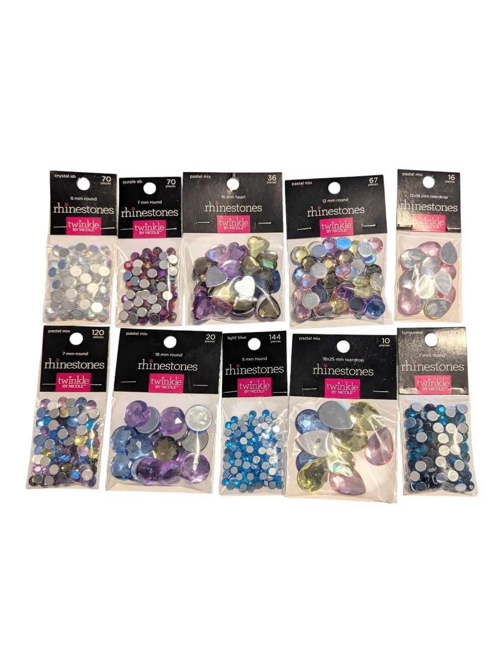 Lot of 10 Packages Nicole Twinkle Rhinestones Mixed Colors